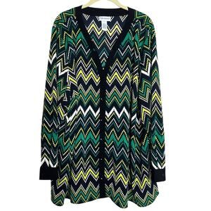 Catherines Womens Blouse 3X Black Green Chevron Print Button Front Long Sleeve